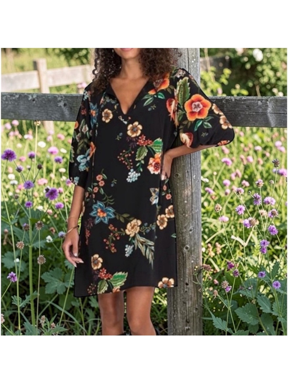 Johnny Was Jade Zorya 100% Silk XS Dress Black Floral Tie
Neck Puff Sleeve Boho